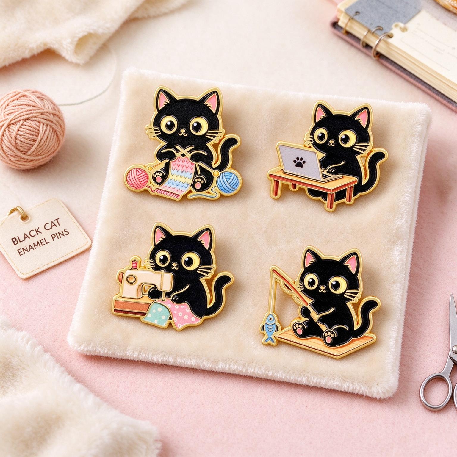 4pcs Kawaii Working Black Cat  - Kawaii Tech Accessories recension och pris